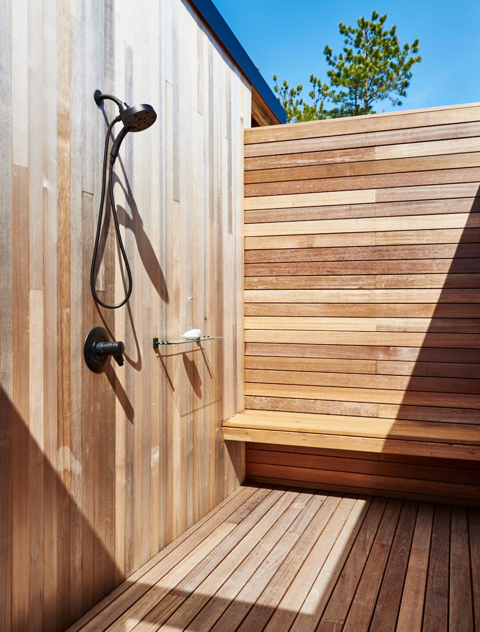 Wood paneled outdoor shower
